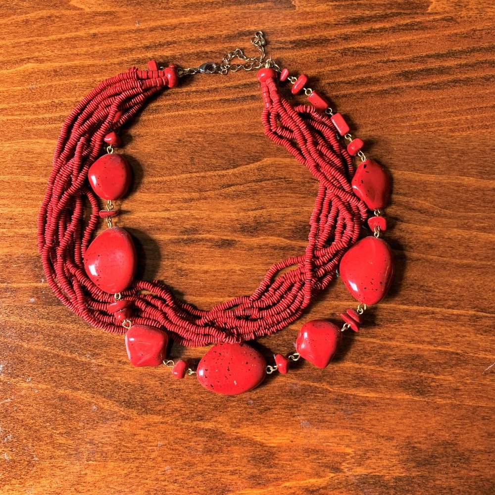 JEWELRY - 9in fashion layered necklace, red rocks, stone, beads lobster clasp